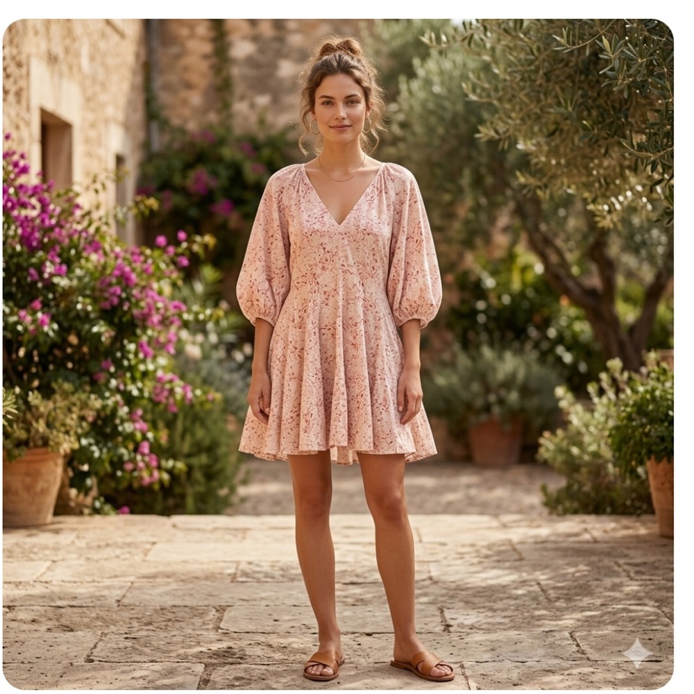 H&M Pink Floral V-Neck Puff-Sleeve Mini Dress